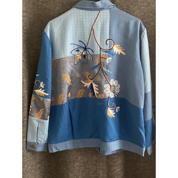 Women Indigo Moon Cotton Silk Embroidered Flower Patchwork Blue Teal Jacket  M - Picture 12 of 15